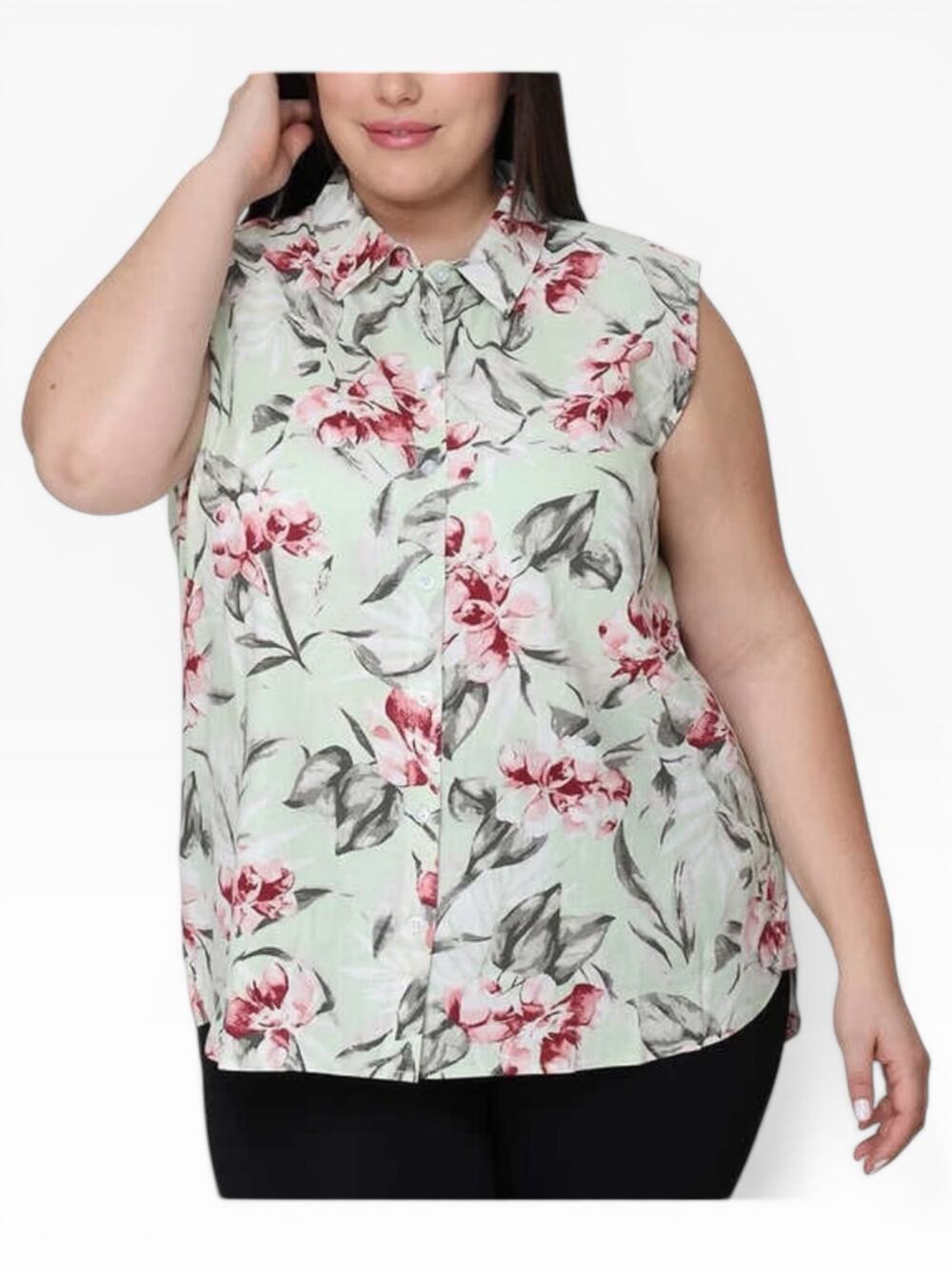 Nicole Miller Linen Blend Floral Sleeveless Blouse Women 2X NWT